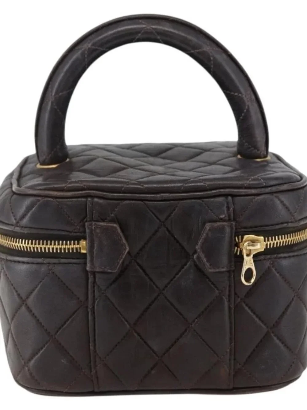 CHANEL Matelasse Vanity Hand Bag Lamb Skin Dark Brown Gold CC Auth 170916